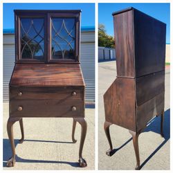 5FT Antique Wood Secretary Desk Glass Cabinet Eagle Claw Feet