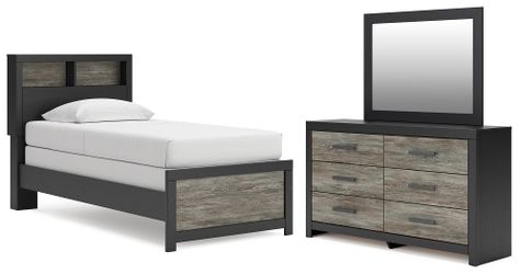 Broachmyn Black/Gray Twin Bookcase Bed, Dresser and Mirror (Online Special Price)