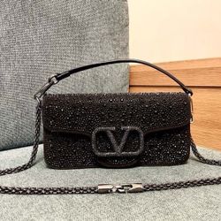 VALENTINO Garavani Loco VLOGO Small Leather Black Crystals Shoulder Bag