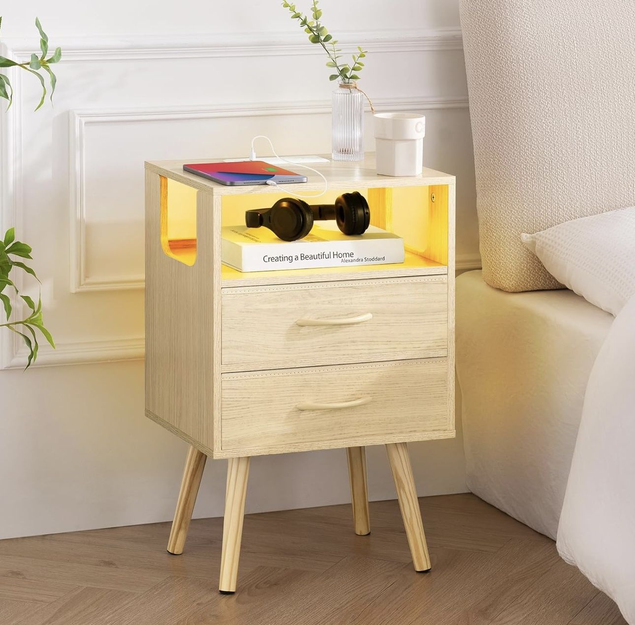 LED Night Stand with Charger Station, Mid Century Modern Nightstand with Fabric Drawers, Bedside Table Nightstands with Storage Shelf