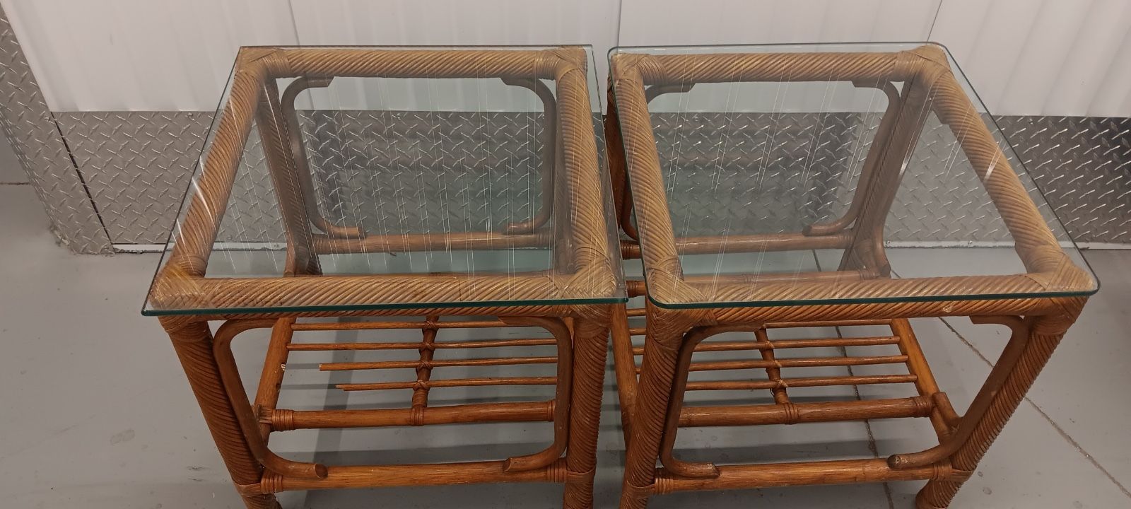 Vintage mid century bamboo rattan glass side tables