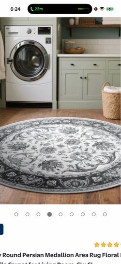 Cydiria Gray Round Persian Medallion Area Rug Floral Pattern Print Low-Pile Carpet for Living Room, 6' x 6‘