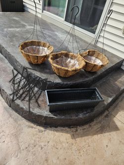 Three Hanging Baskets One Black Long Planter Box 