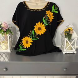 Blusa De Girasoles Negra Artesanal