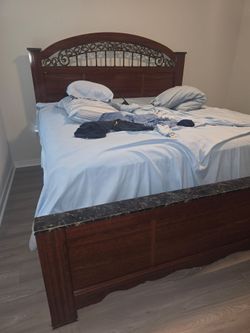 Free king bed dresser with mirror and 2 night stands pic shows wear and tear must be out by 10am