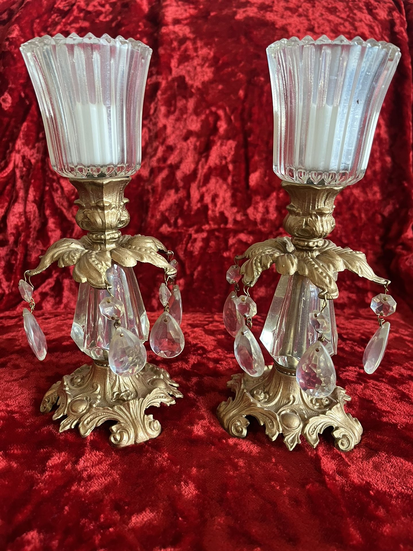 Vintage Gold Metal And Glass Hollywood Regency Candle Holders, Set Of 2