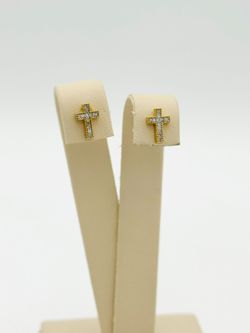 14K YELLOW GOLD 1.24 GRAMS GENUINE DIAMOND CROSS STUD EARRINGS 0.12 CTW USED
