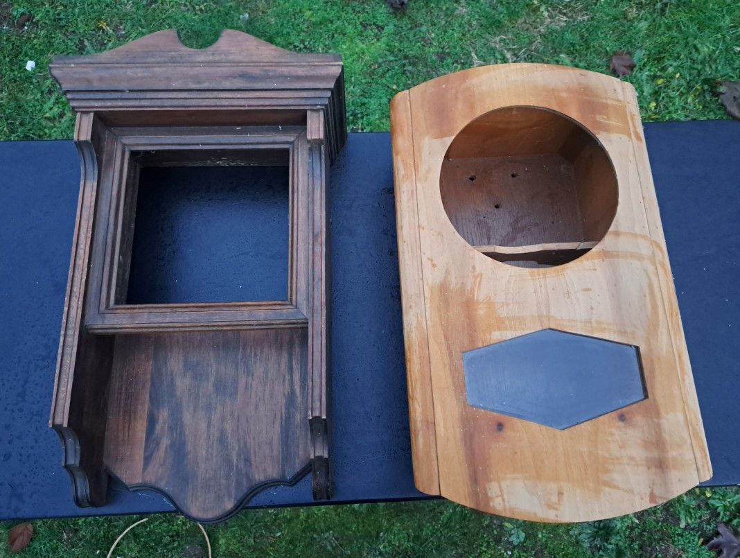 2 Vintage Wall Clock Cases Shelves Door Glass Art Craft Project Parts Repair DIY Hang Display Case