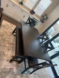 Dining Table, 4 side chairs, bench