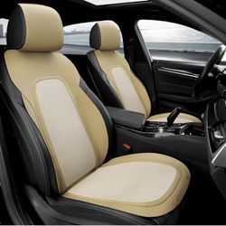 2PCS Car Front Seats Covers Leather Linen Car Seat Cover with Backrest Headrest Covers Auto