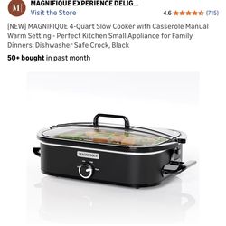 NEW] MAGNIFIQUE 4-Quart Slow Cooker with Casserole Manual Warm Setting - Perfect Kitchen Small Appliance for Family Dinners, Dishwasher Safe Crock, Bl