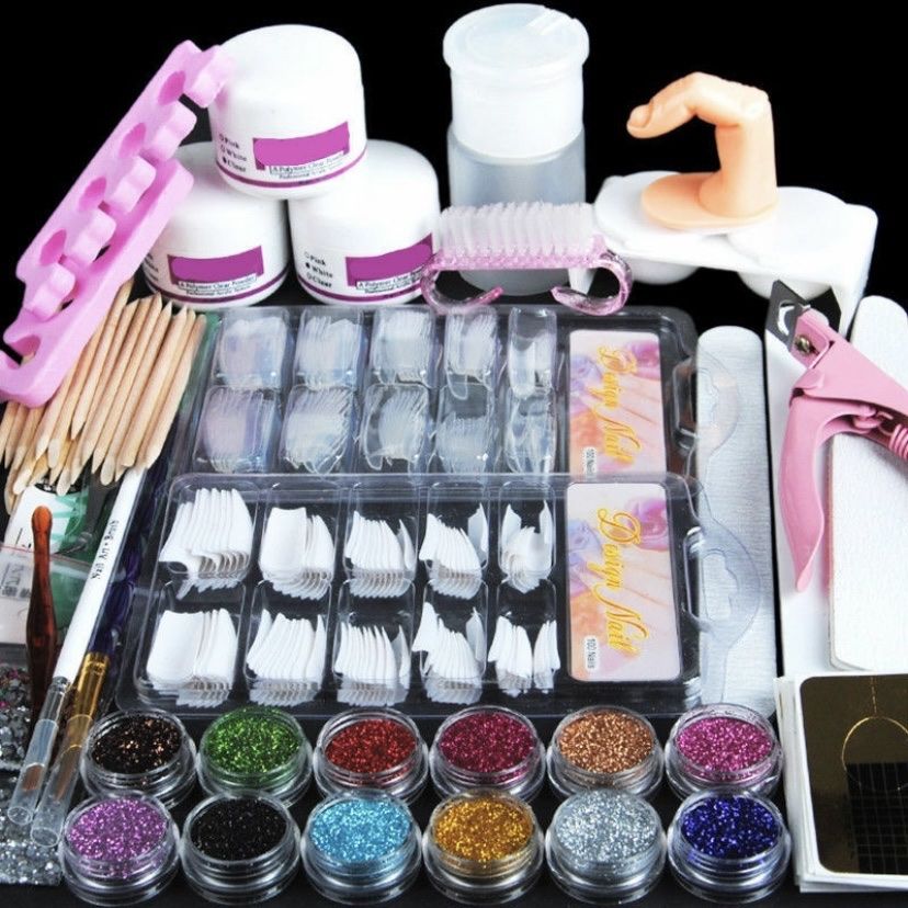 34 in 1 Acrylic Nail Kit Acrylic Powder Glitter Nail Art Manicure Tool Tips Brush Set INCLUDE 200 False Nails Tips