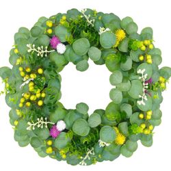 18" Green Berry Eucalyptus Leaf Wreath, Artificial Spring And Summer Wreath With Pink Purple Cones And Pomegranate Fruit Decorations Your Front Door A