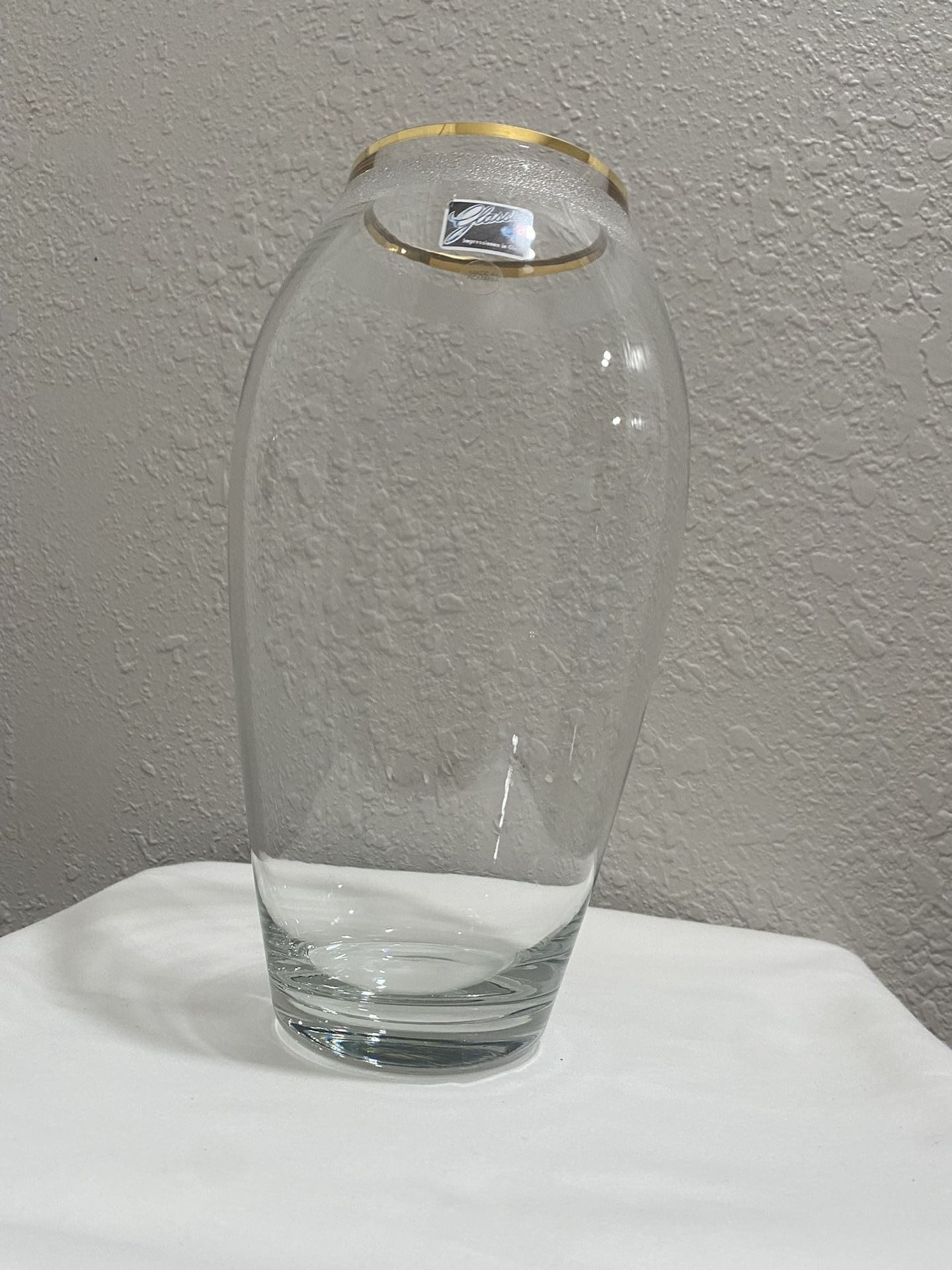 Glassics Impression 10.5” Clear Glass Vase With Frosted Band and Gold Rim 