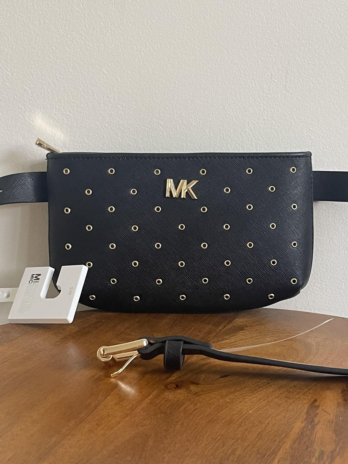 Msrp: $128 Michael Kors Studded Fanny Pack Waist Belt Bag Black&Gold S/M