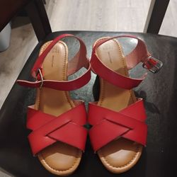 Red Strappy Wedge Sandals with Ankle Strap