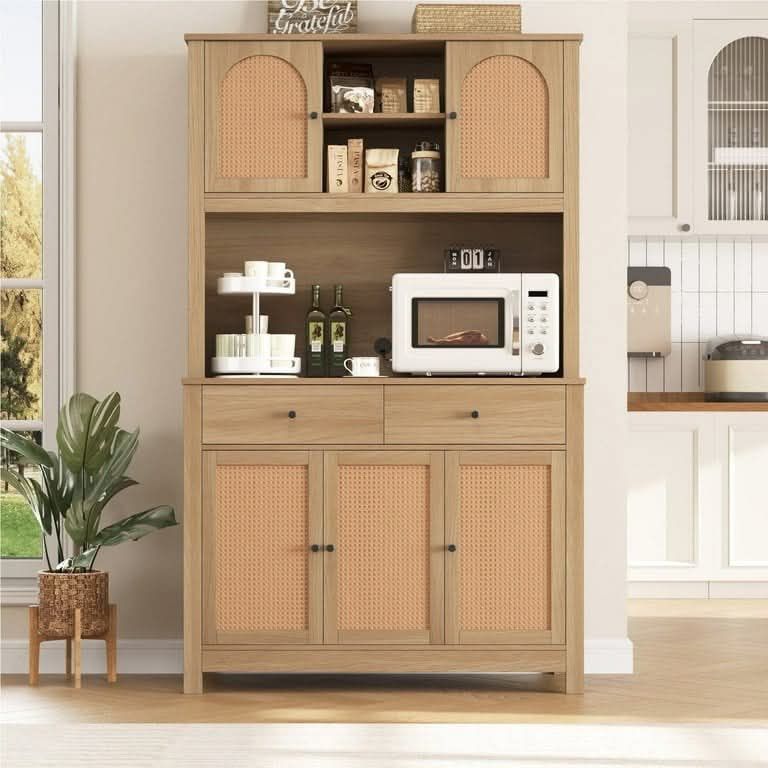 Kitchen Buffet Cabinet with Hutch, 2 Drawer Rattan Door Pantry Cupboard Storage Cabinet with Adjustable Shelves, Burlywood