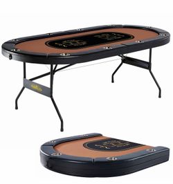 10 Player Folding Oval Poker Table with Steel Cup Holders & Padded Armrests, Black/Brown