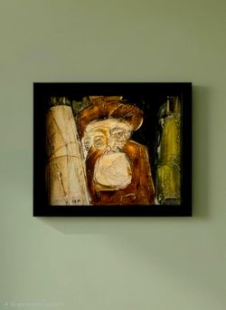 Vintage Mixed media painting by Moshe Katz Featuring Textured Portrait of Rabbi 11.5"×9.5"