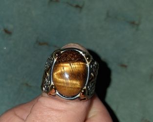 Men's Sz 9.5 Tiger's Eye 2-Tone Ring Stainless Steel 4.00 ctw