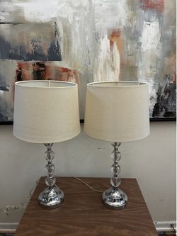 2  28”  Stacked Crystal Ball Chrome Finish Base Table lamps with Beige Drum shades.