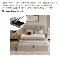 VELOCAVA Queen Size Lift-Up Hydraulic Storage Bed, Beige Linen Upholstered Platform Bed with Vertical Channel Headboard, Wooden Slat Support, No Box S