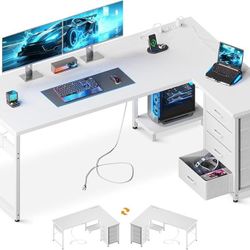 L Shaped Desk with 4 Tier Drawers, 61" Reversible Gaming Desk with Power Outlets, L Shaped Computer Desk with USB Charging Port and Host Stand, Home O