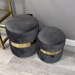 Grey & Velvet Ottoman With Storage (Set Of 2)