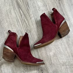 Jeffrey Campbell Size 5.5 Red Suede Leather Ankle Boots Chunky Block Heel Booties Cromwell Silver Women’s 