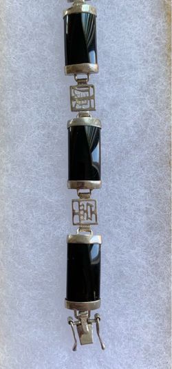 Vintage Sterling Silver & Black Onyx Chinese Panel Bracelet