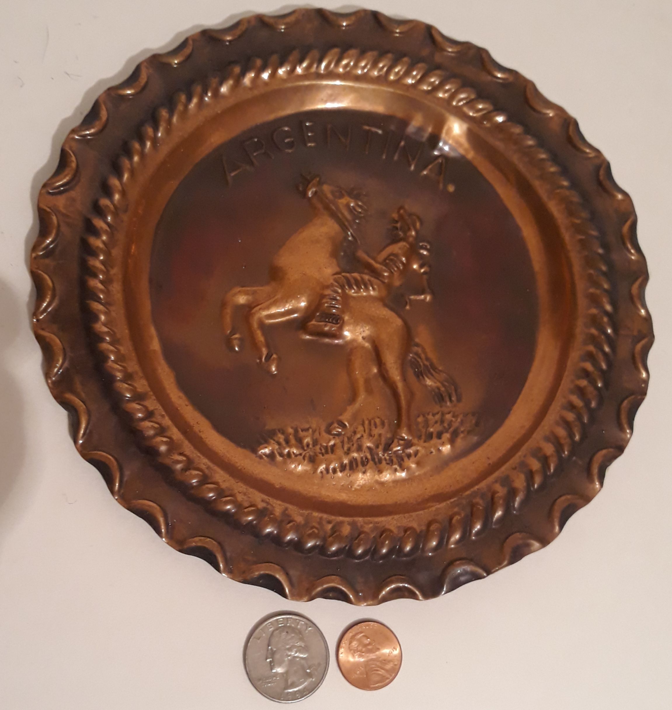 Vintage Copper Metal Wall Hanging Plate, Home Decor, Argentina, 7 1/2" Wide, Horse, Wall Decor, Shelf Display, This Can Be Shined Up Even More