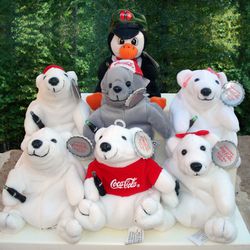 1997 Coca Cola Bean Bag Set - ew with Mint Tag Set includes: Penguin in Delivery Hat Style #0108 Polar Bear in Baseball Cap #0111 Seal in Basebal