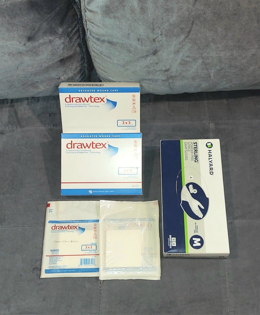 2 NEW BOXES OF DRAWTEX 3" x 3" HYDROCONDUCTIVE WOUND  DRESSING WITH LEVAFIBER BY URGO MEDICAL INCLUDES FREE BOX OF MEDIUM SIZE GLOVES