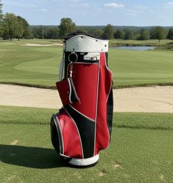 Vintage Leather Red White Black 14-Way Golf Cart Bag with “CC” Initials. Some wear
