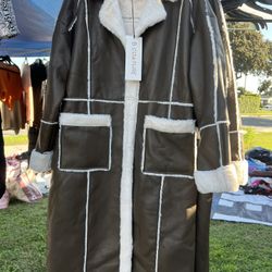  B.Coature faux leather faux fur sherpa longline jacket coat