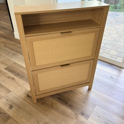 Rattan Shoe Cabinet with 2 Flip Drawers, Slim Shoe Storage Cabinet