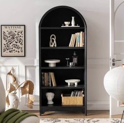 5-Tier Bookcase and Bookshelf- Natural Wood Veneers & Water Based Paint Finished- 71 Inch Arched Vintage Display Shelf