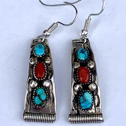 Turquoise and Coral Sterling Earrings 