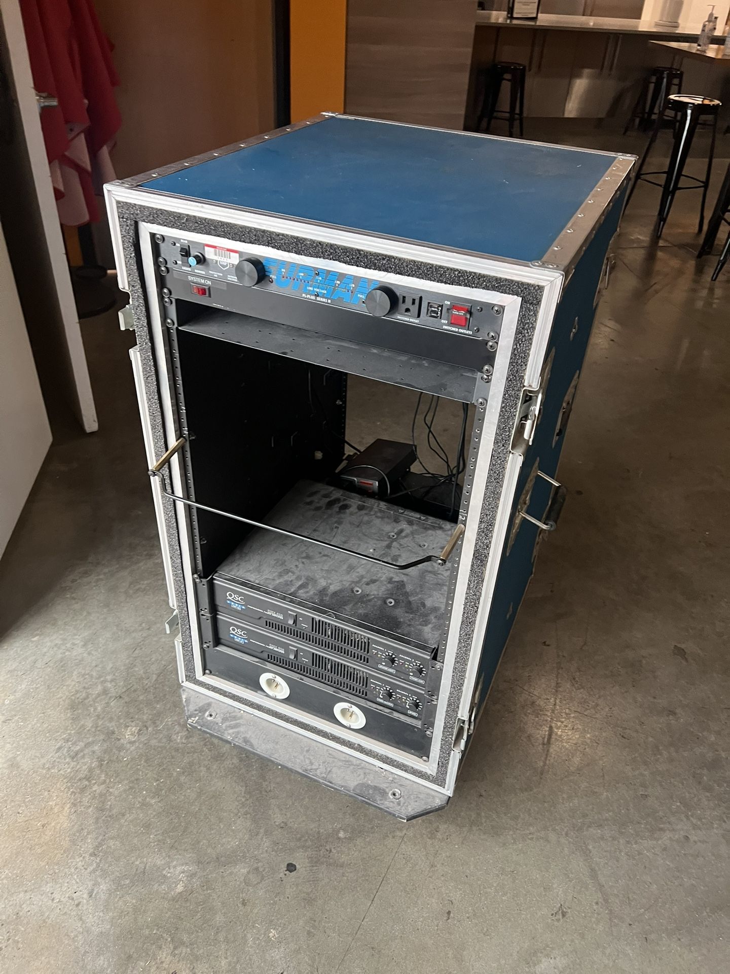 Rolling AV Rack w/ QSC RMX850 (x2) + BSS BLU-100 DSP + Extron DXP + Furman Power — Complete