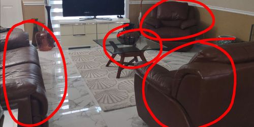 100 % leather two chair sofas 1 sofa 2 glass tables