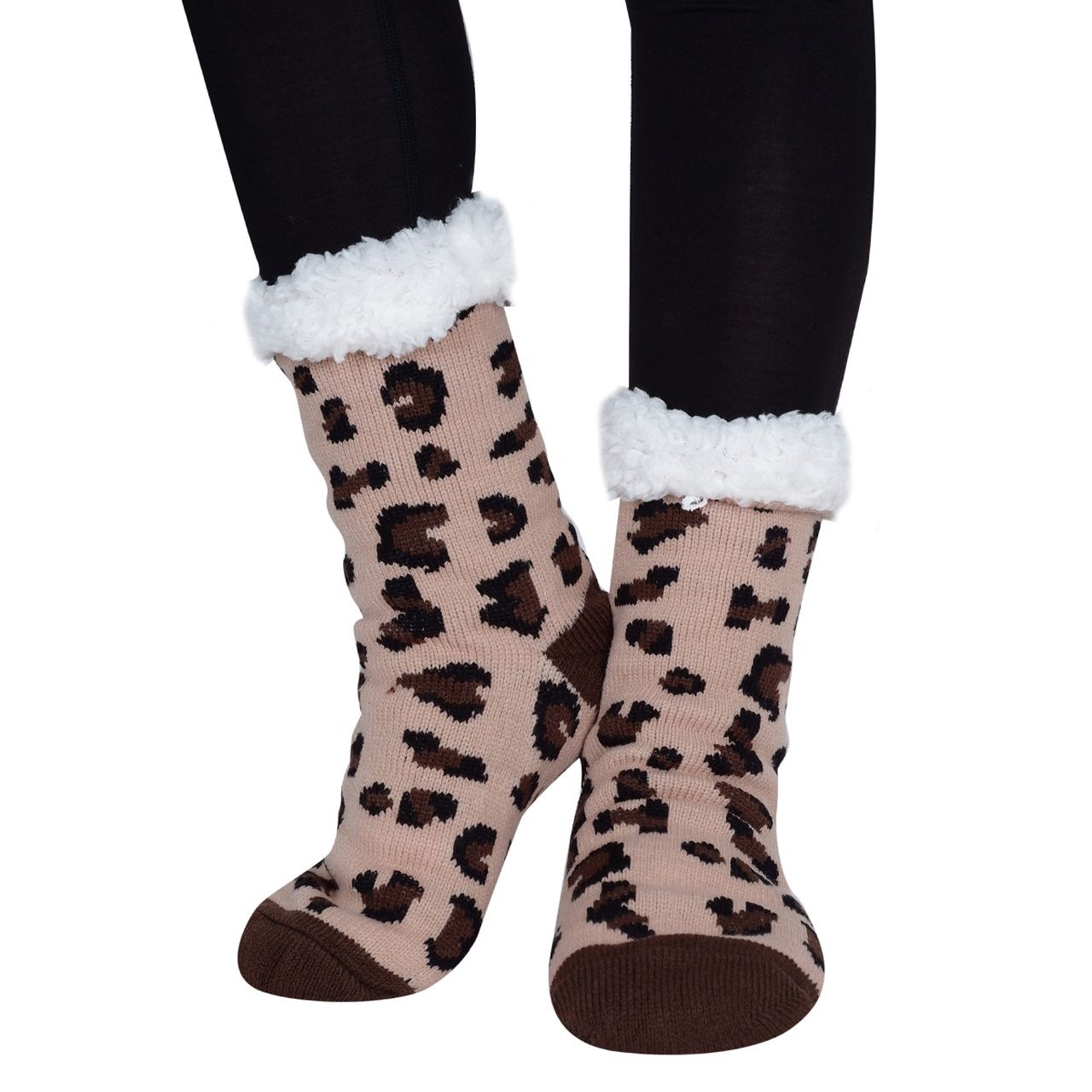 NEW NWomen’s Sherpa Socks LEOPARD PRINT Non Skid Slipper Socks