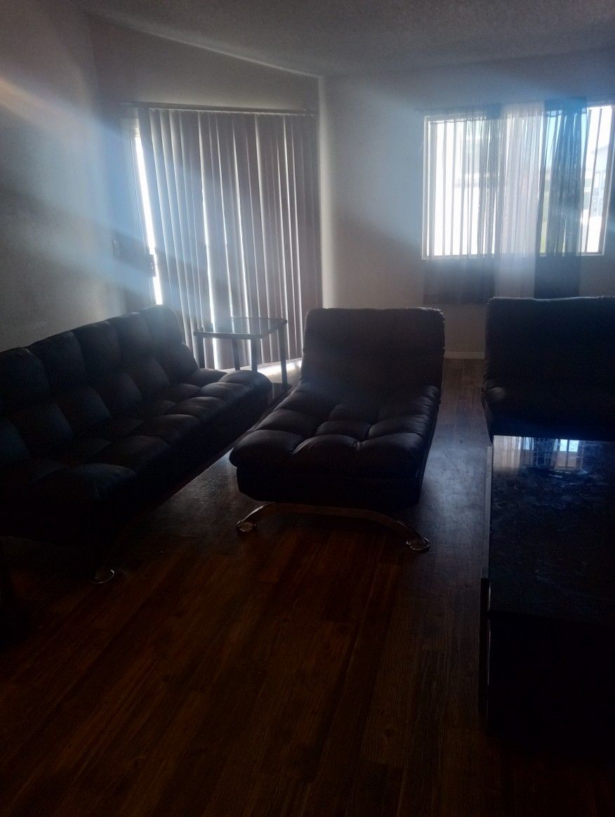 3 Pc Leather Futon Set Black Grey And Black Grey Tables Set