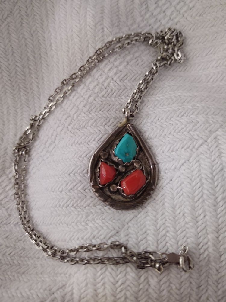 L.Lasiloo Silver, turquoise, red coral pendant and necklace