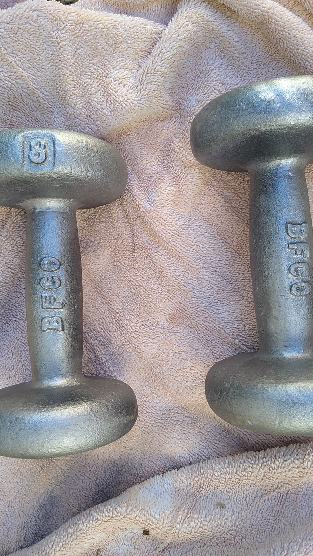 OBO Vintage BFCO IRON Dumbbells 8 lb Weight Set Pair Bun Round Head