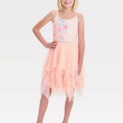 Girls' Sleeveless 'Floral' High-Low Tulle Skirt Dress - Cat & Jack Peach Orange XXL(16-18): Roundneck, Midi Length