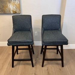 TWO 360 Swivel Blue Leather Counter Stools w/ Double Padded Seat & Black Legs