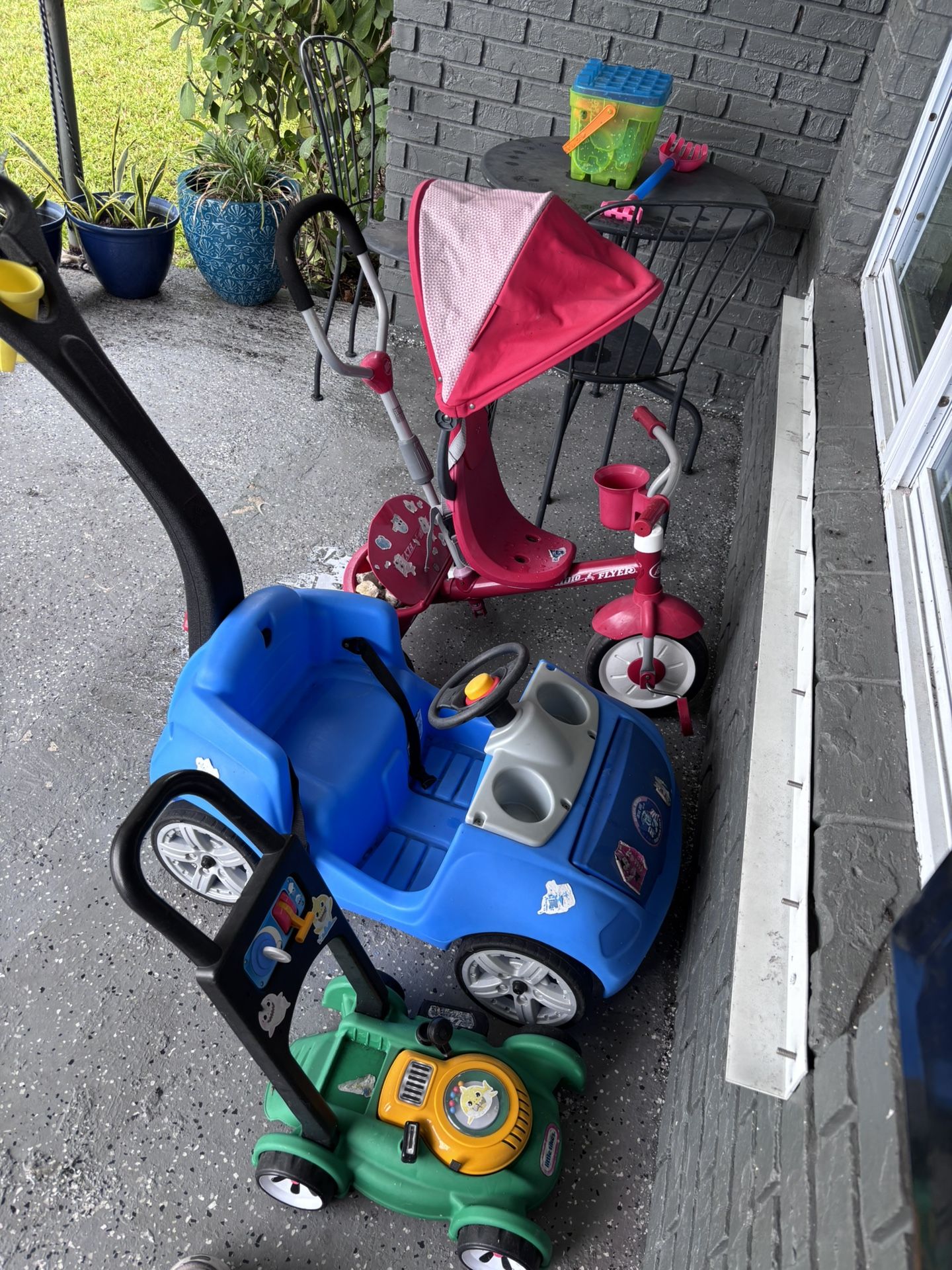 Blue Car + Trike + Lawn Mover
