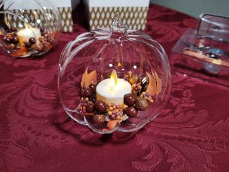 Luminara Set Of 3 Flameless Votive Candles W/Glass Pumpkins And Candle Rings