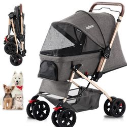 Pet Dog Stroller for Cats and Dog Four Wheels Carrier Strolling Cart with Weather Cover, with Storage Basket for Small Medium Dogs & Cats. Gray