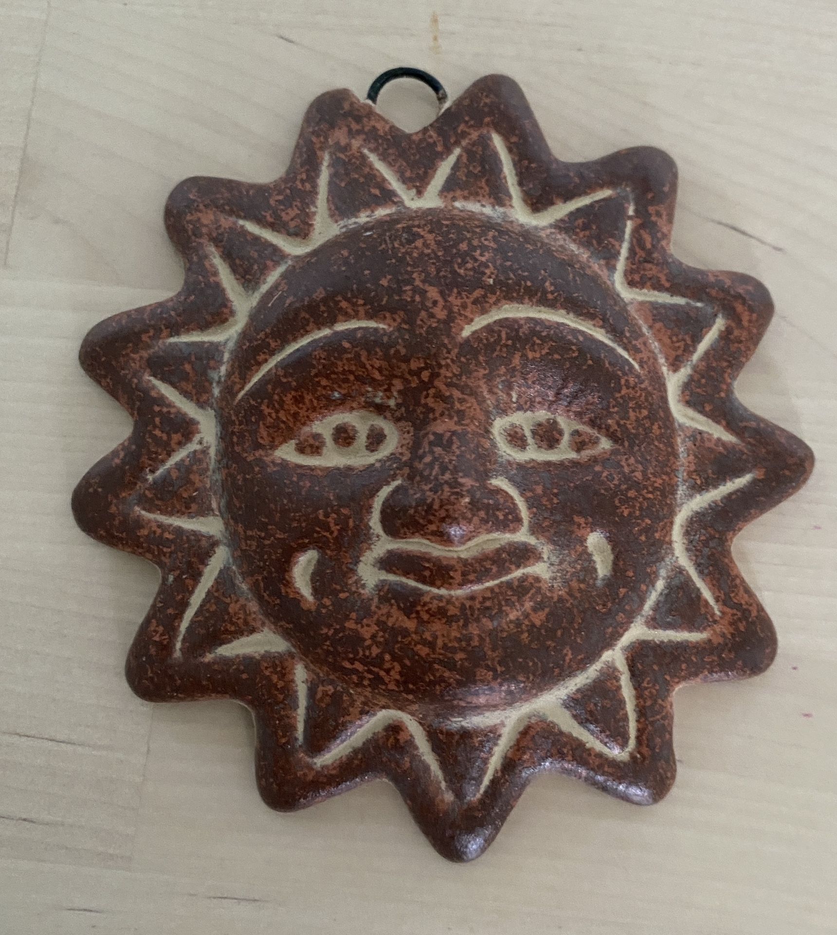 Vintage Wall Hanging Terracotta Sun Face Brown 